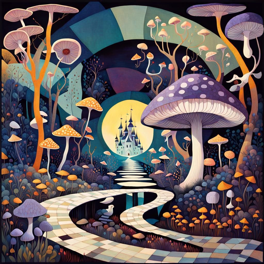 Surreal Wonderland Landscape with Checkered Path