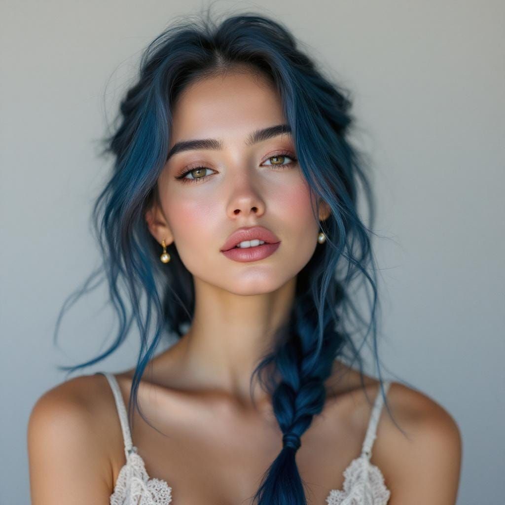 Woman with Braided Blue Hair in Natural Lighting