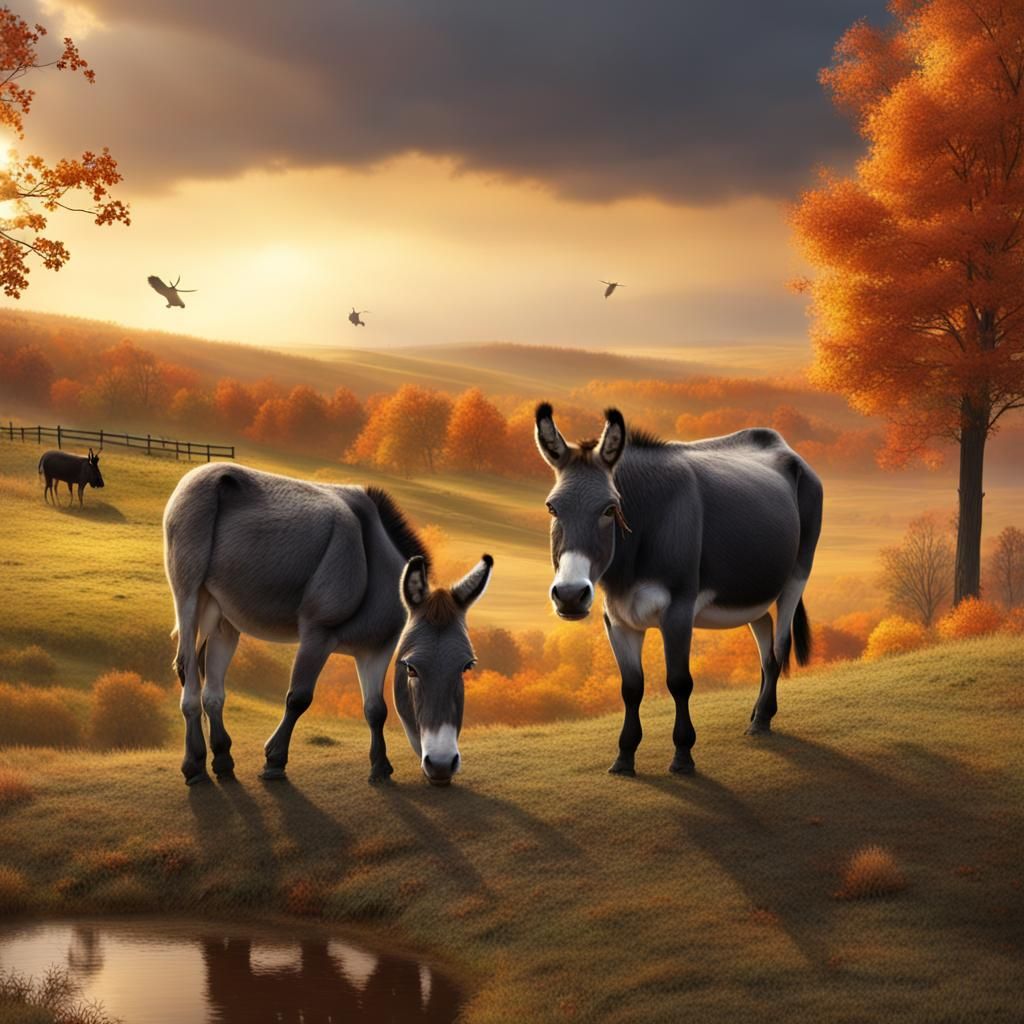 Donkey and Cow in Autumn: Matte Painting