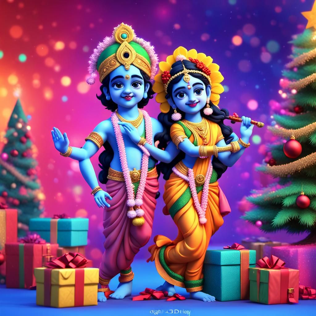 Radha Krishna Christmas Scene in 3D Style