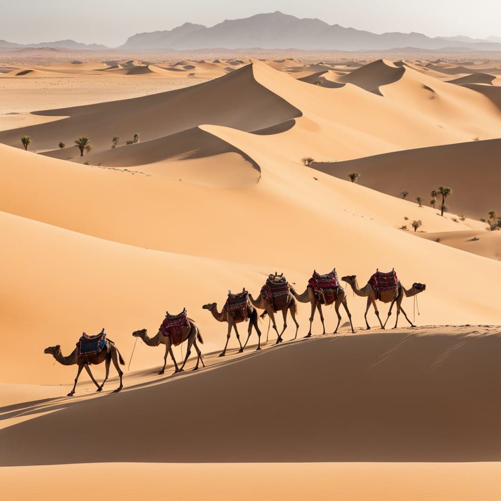 A caravan of camels walks in the desert