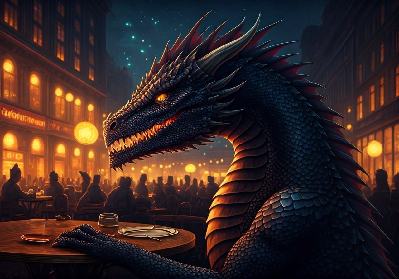 Dragon Enjoying Coffee in Sci-Fi Cafe