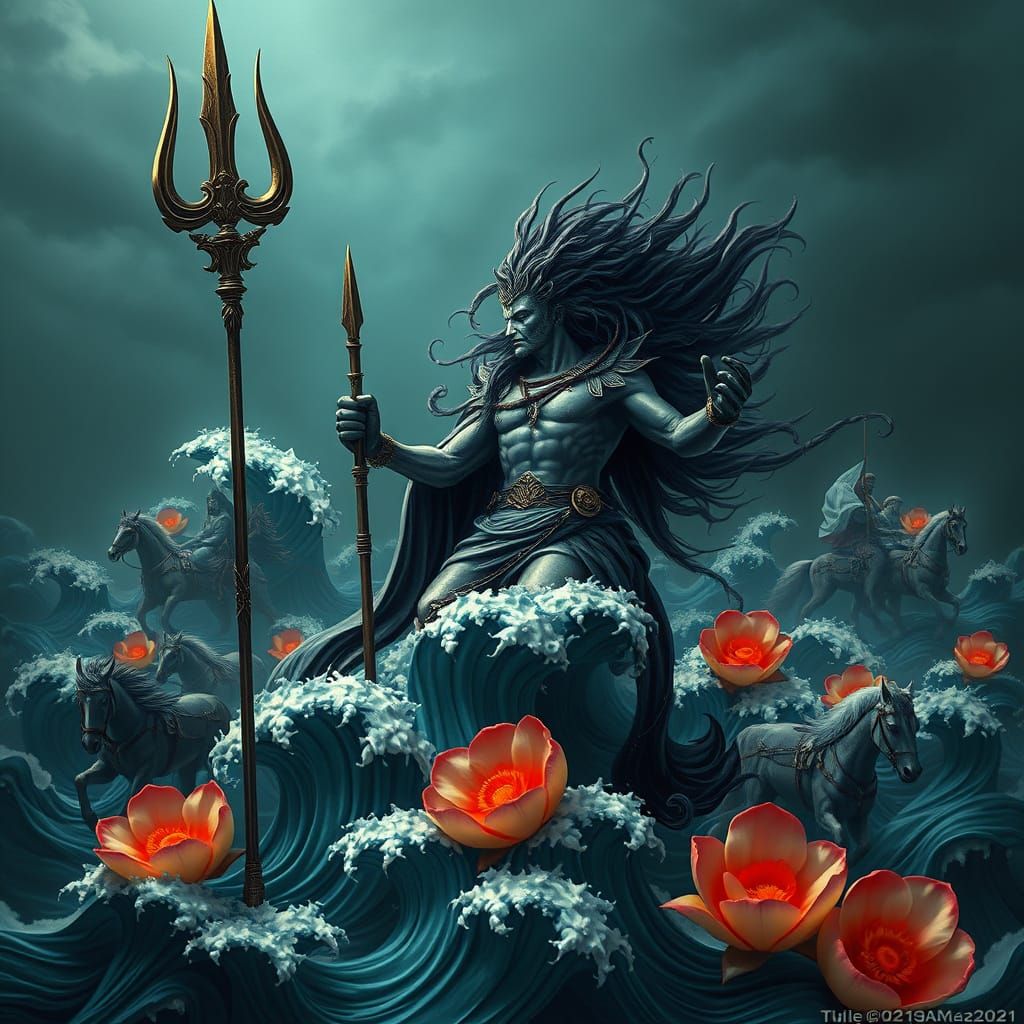 Poseidon with Bronze Trident in Surreal Ocean