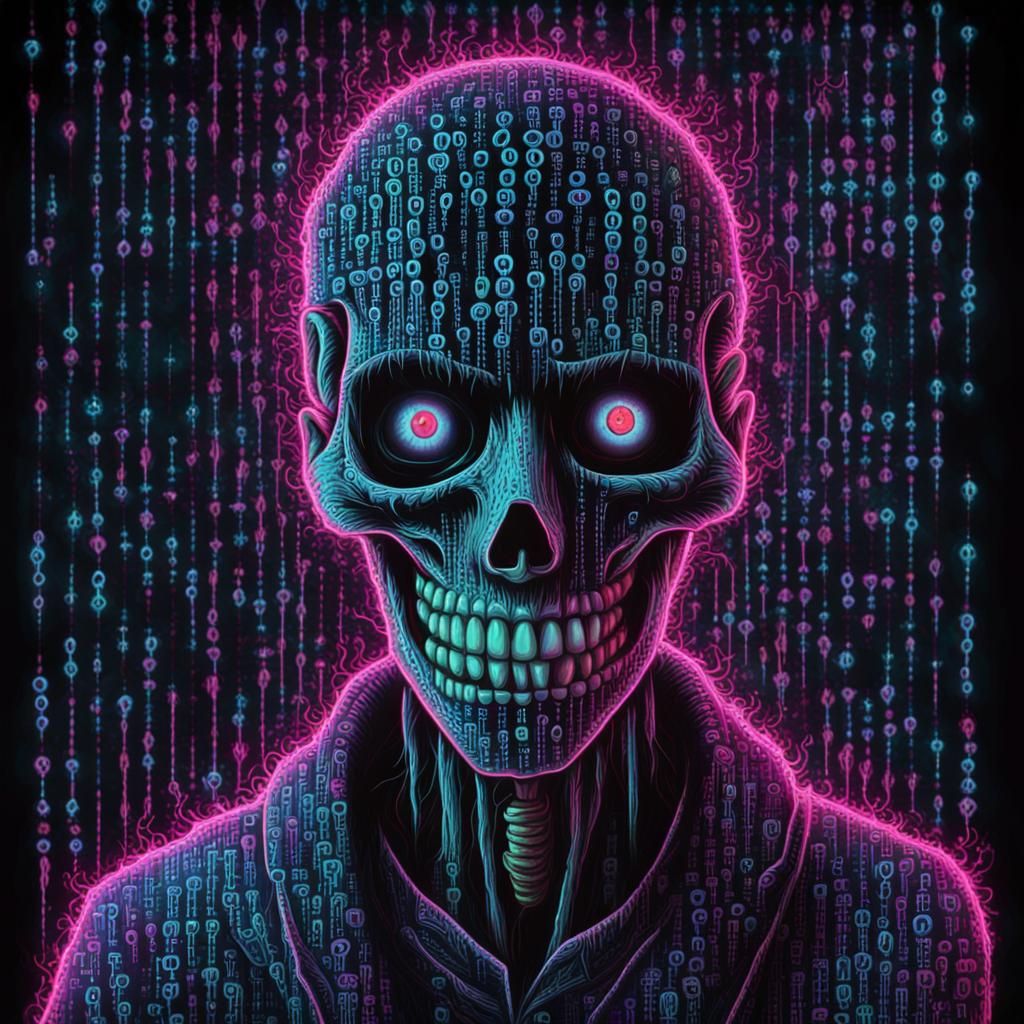 Neon Horror Shinigami in Binary Code Art