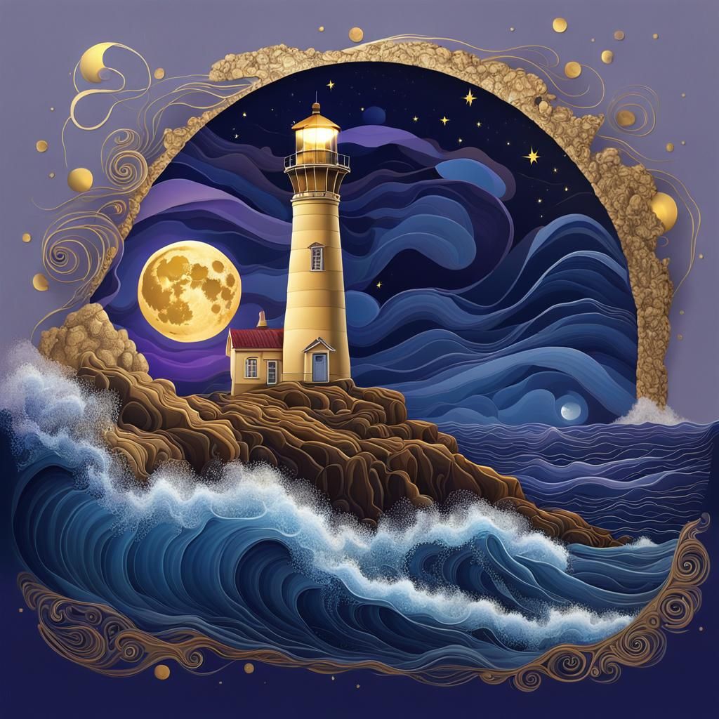 Lighthouse on Rocky Coast Under a Starry Night