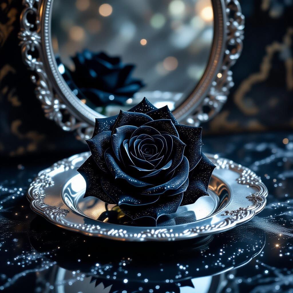 Surreal Black Rose Still Life on Silver Mirror