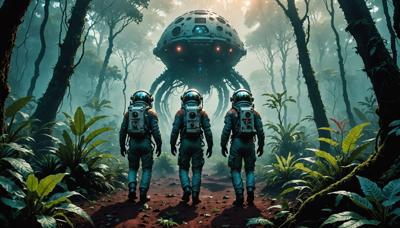 Astronauts Explore Mysterious Alien Jungle with Ringed Plane...