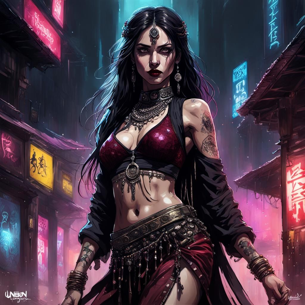 Gothic Belly Dancer in Cyberpunk Ink Style