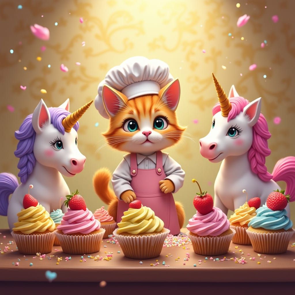 Whimsical Fantasy Bakery with Magical Kitties and Unicorns