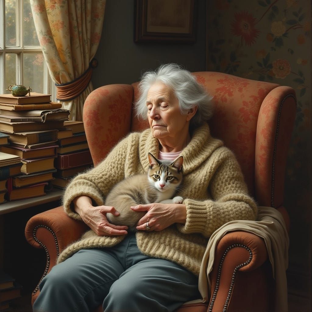 Elderly Woman and Cat in Impressionist Style