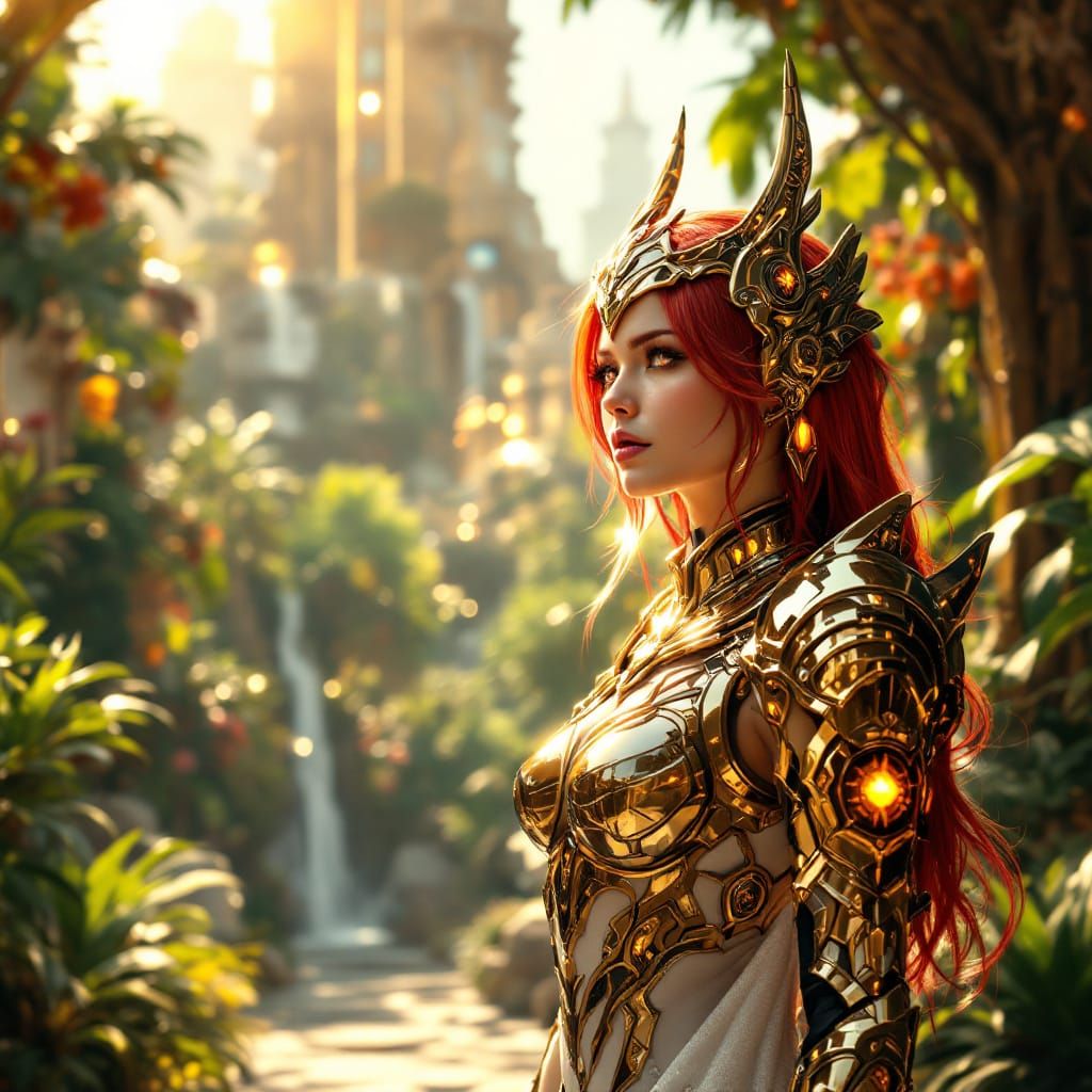 Solar-Powered Woman in Eco-City Oasis