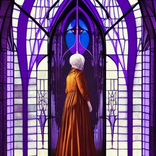 Woman at Cathedral with Purple Moon