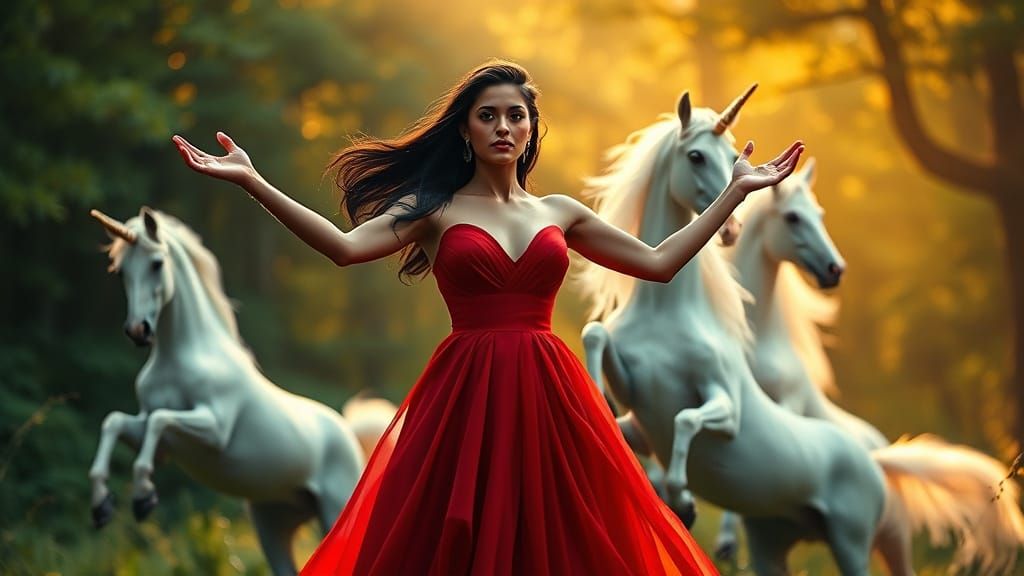 Ethereal Hispanic Goddess Conjures White Unicorns in Emerald...