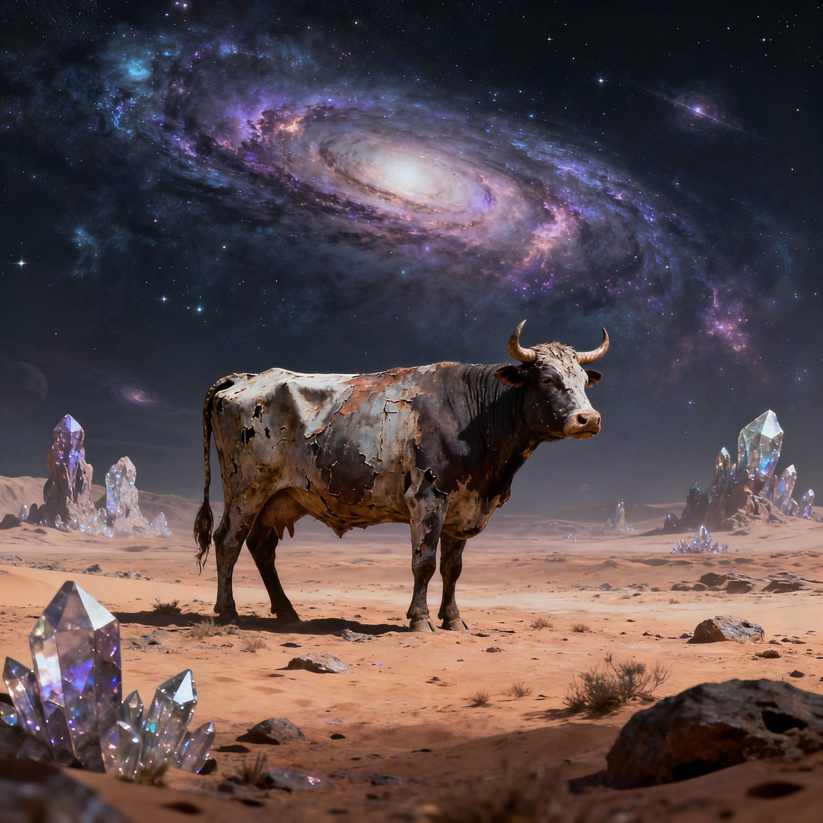 Lone Cow in Alien Desert Under Cosmic Sky