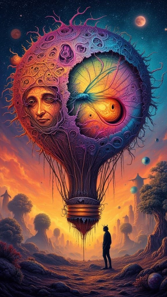 Surreal Hot Air Balloon in Rainbow Spiderweb