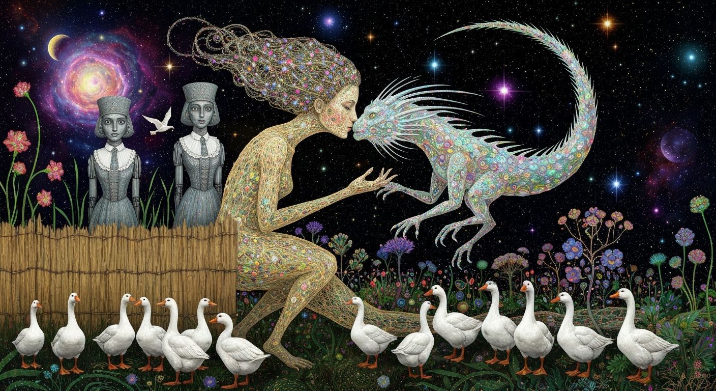 Folkloric Robot and Twins in Surreal Eco-Art Garden