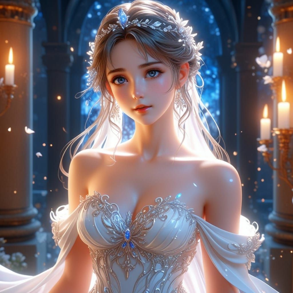 Ethereal Anime Goddess in Softly Glowing White Gown