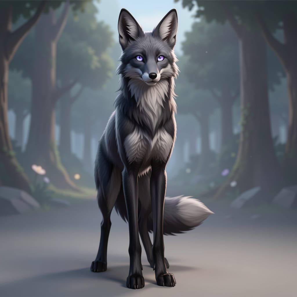 Dark Grey Fox with Blue Purple Eyes in Anime Style
