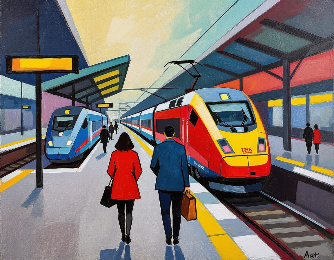 Abstract Expressionist Travelers in Modern Train Station