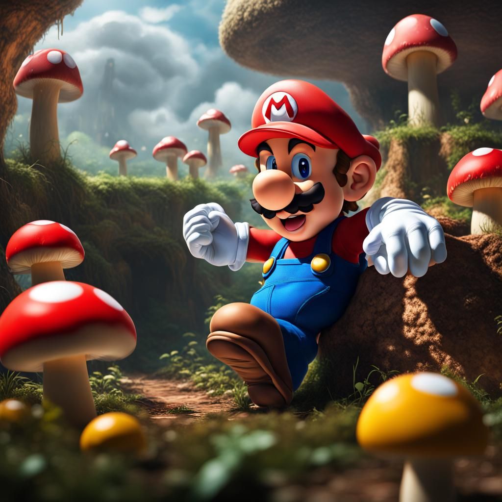 Mario in Mushroom Kingdom: Hyperrealistic Splash Art