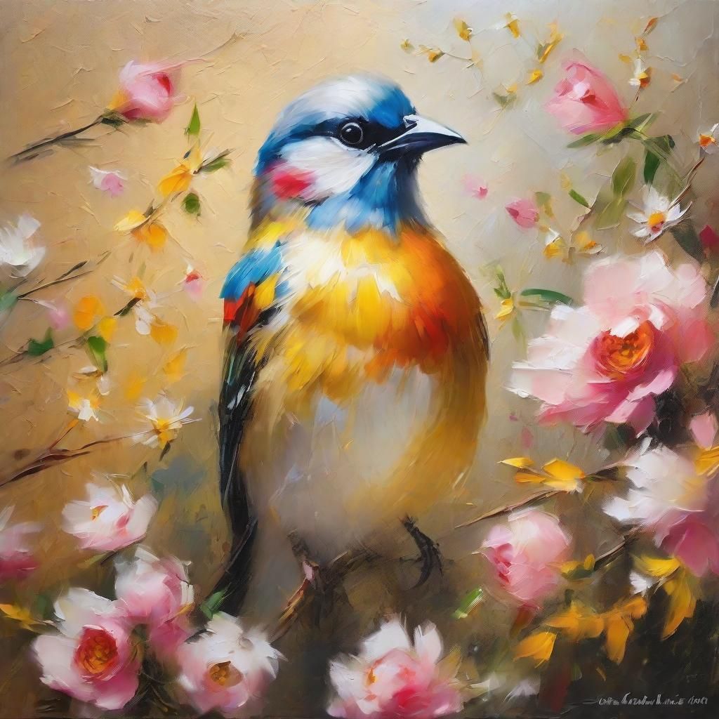 Bird Among Flowers: Oil Painting in Impasto Style