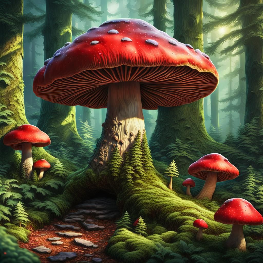 Glowing Red Mushrooms in a Sunlit Forest