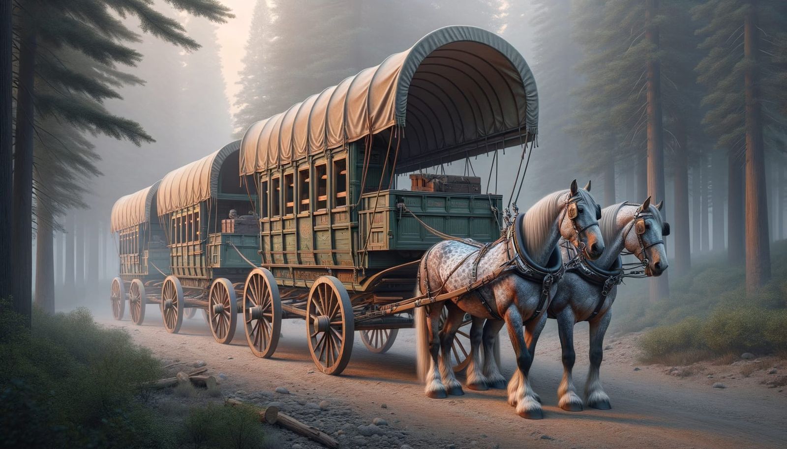 Hyper-Realistic Wagon and Horses in Forest Camp