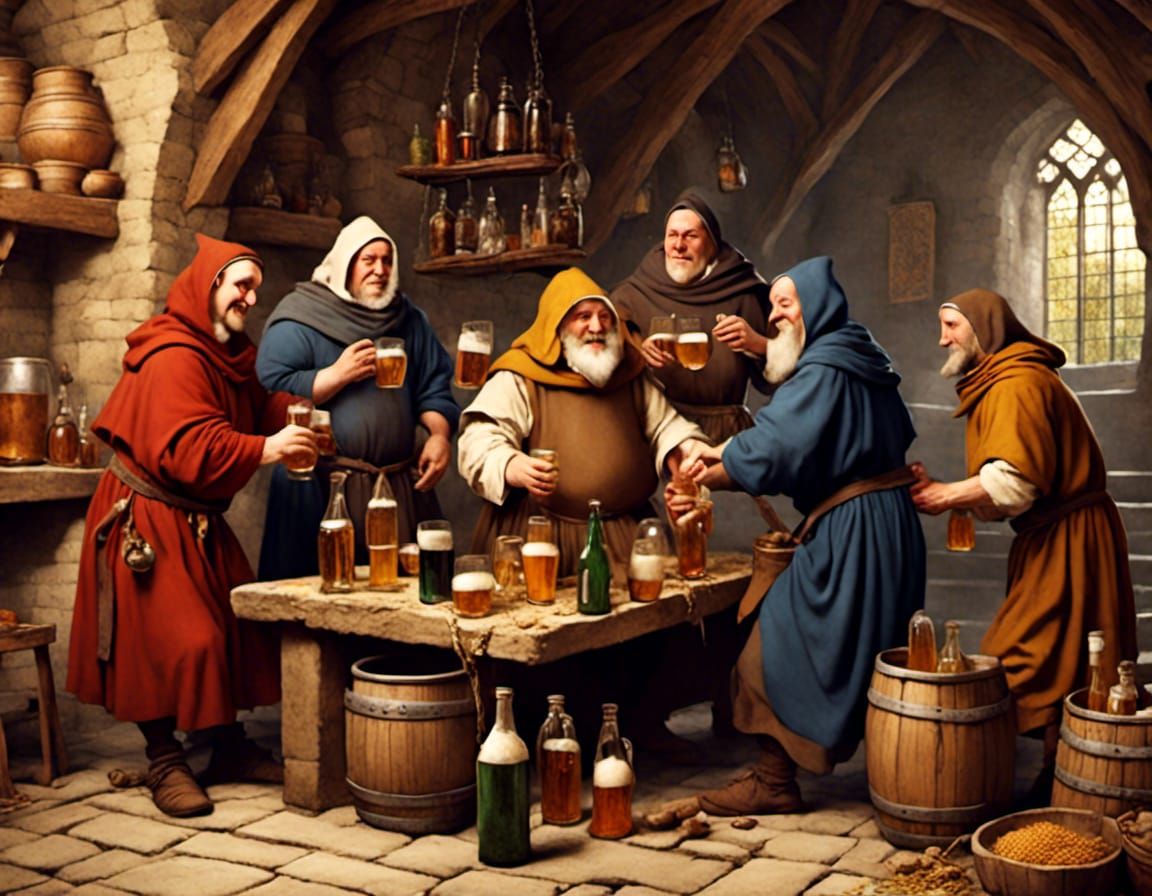 happy medieval monks brewing beer