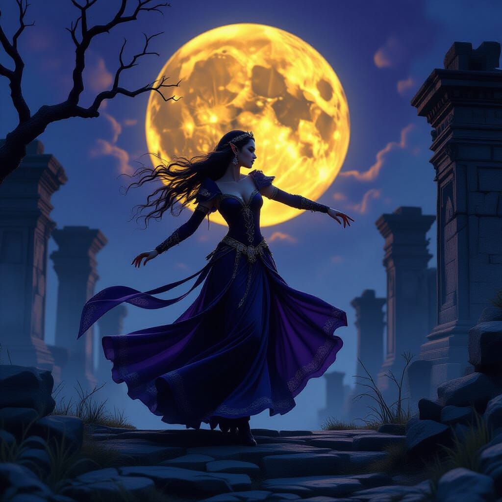 Elven Maiden Dances Under Winter Moon in Dark Fantasy Style