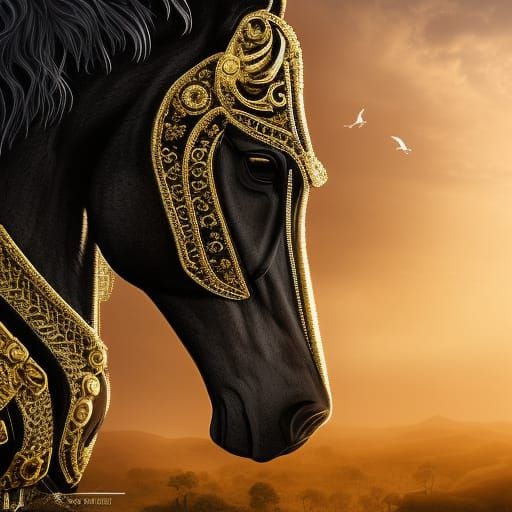 A highly detailed beautiful elegant battle horse wearing intricate black and gold armor at sunset, focused