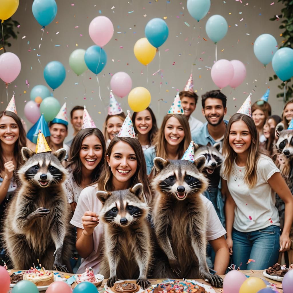 Raccoons Crash a Birthday Party: Vibrant Portrait