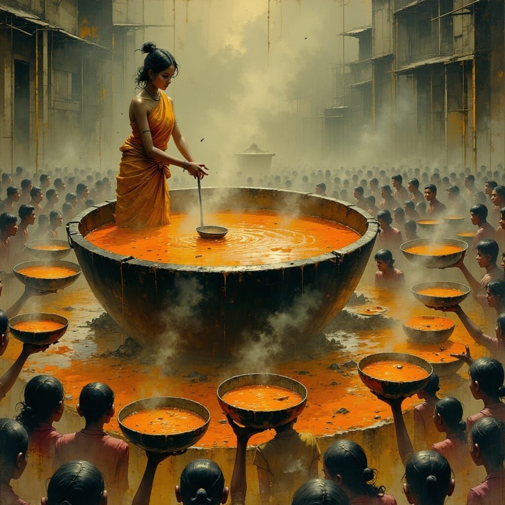 Indian Cook Serves Soup from Giant Pot