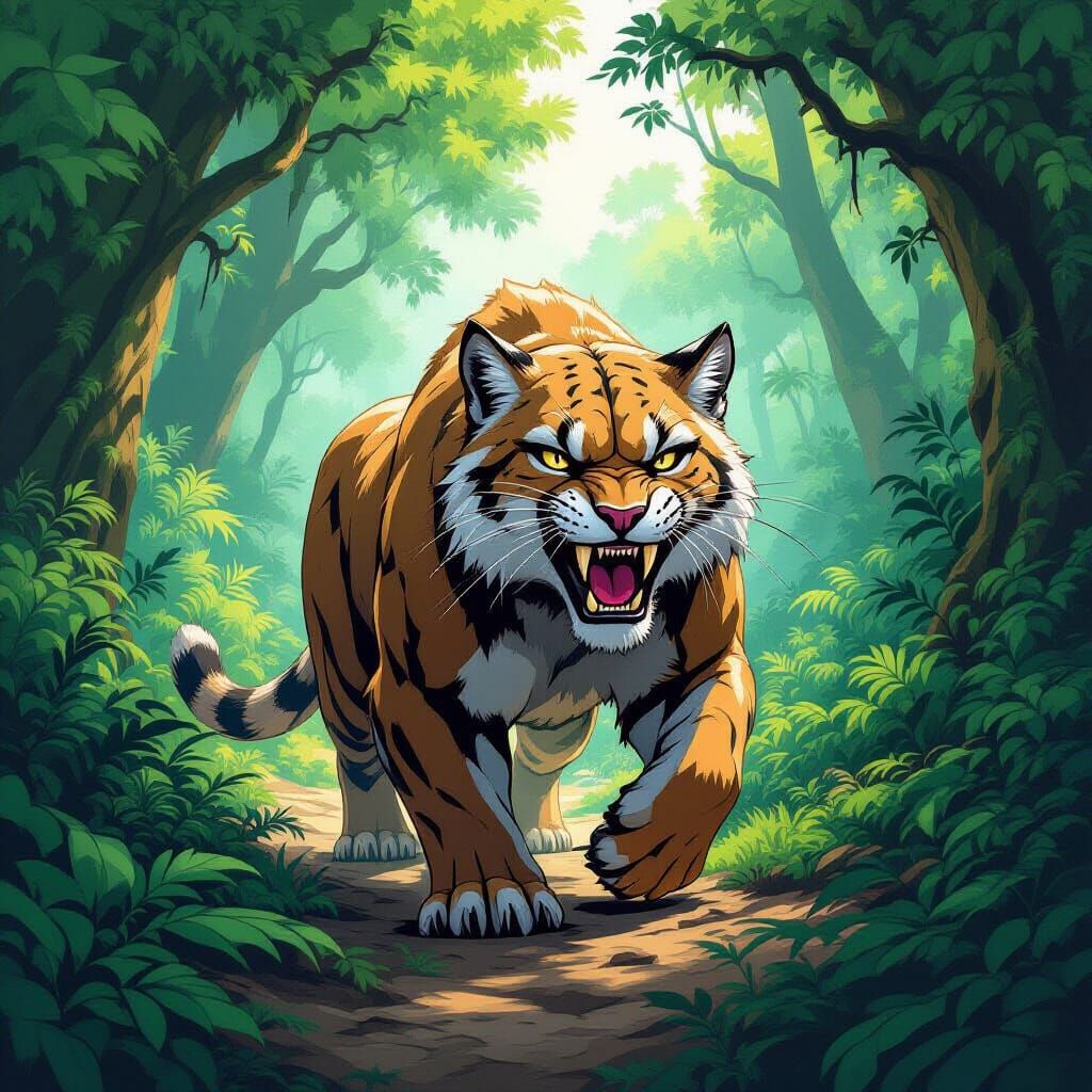 Saber-Toothed Cat in Prehistoric Forest, Comic Book Style