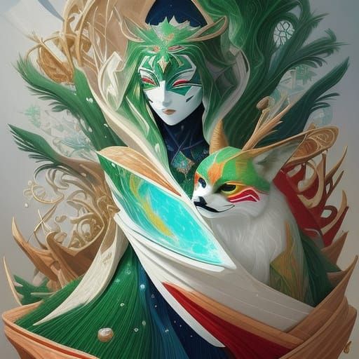 <lora:Peppermint Snow V2:1.0> Une créature fantastique aux traits félins et humanoïdes, assise dans une pose théâtrale. ...