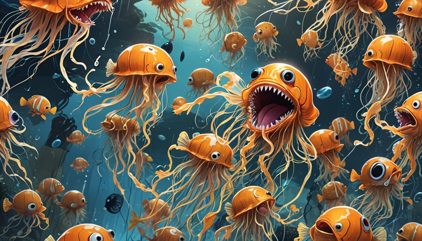 Anime Jellyfish Biting Clownfish in Dynamic Art