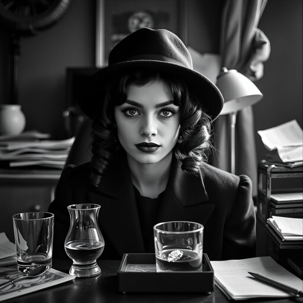 Gritty 1940s Noir Detective Woman in Smoky Room