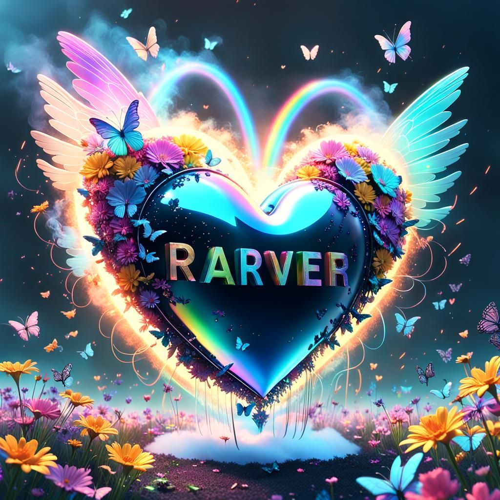 Iridescent Heart with Rainbow Flowers in 3D Render