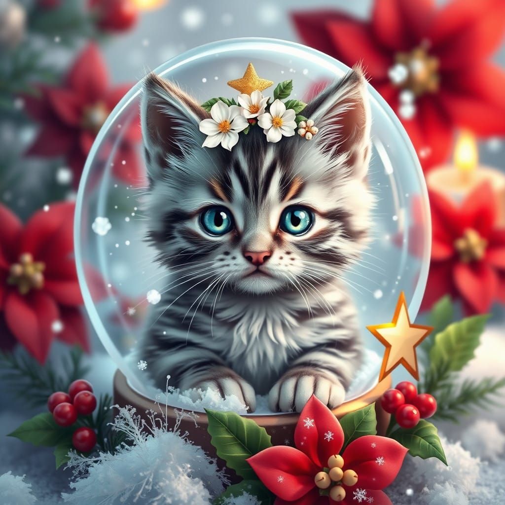 Gray Striped Kitten in Winter Wonderland Scene with Snow Glo...