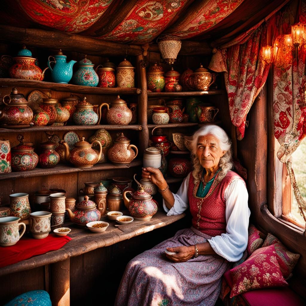 Gypsy Tea Wagon Portrait with Rose Teapot