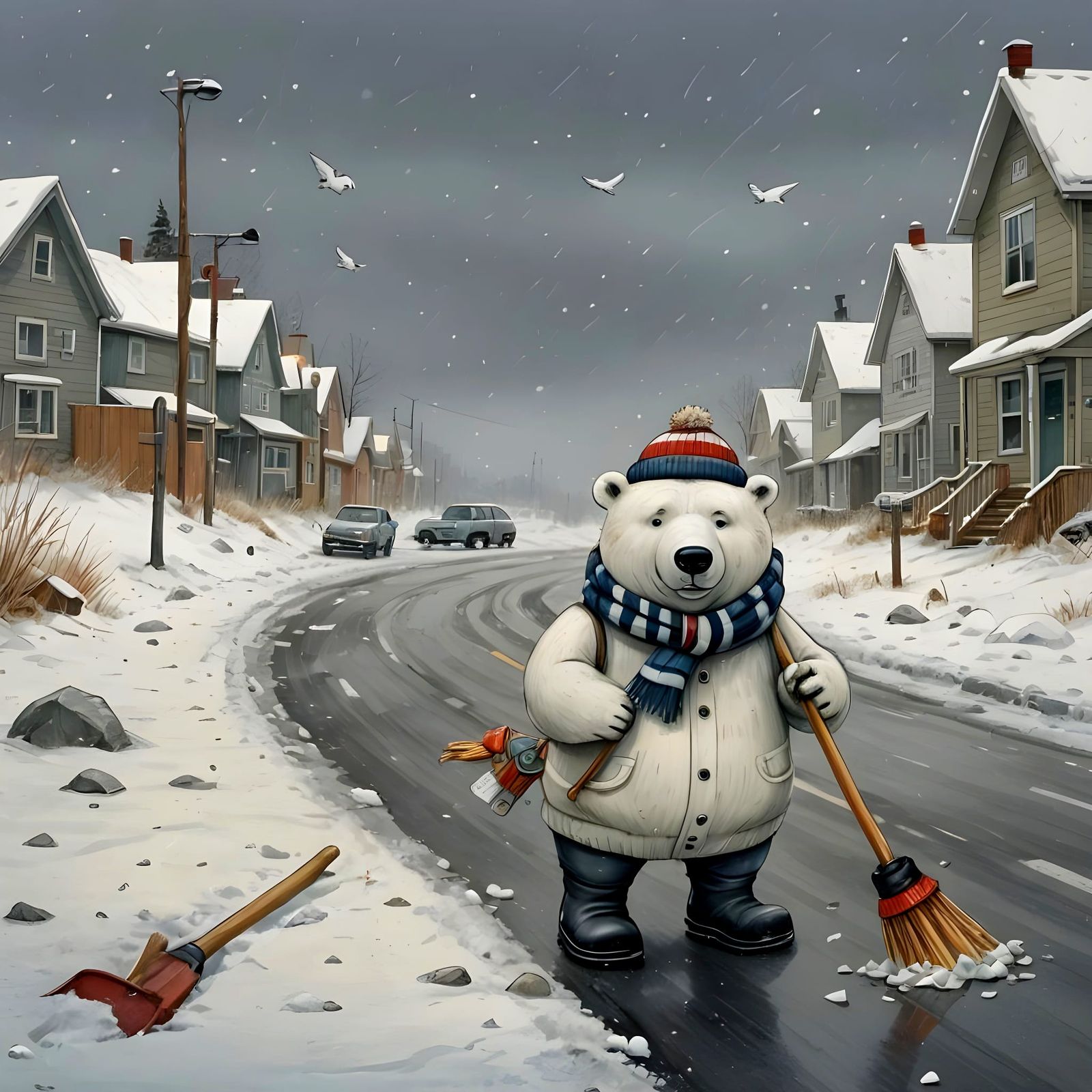 Whimsical Polar Bear Janitor in a Snowy Landscape