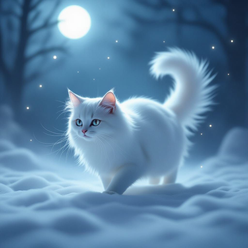 Ethereal Glowing Cat in Misty Moonlight