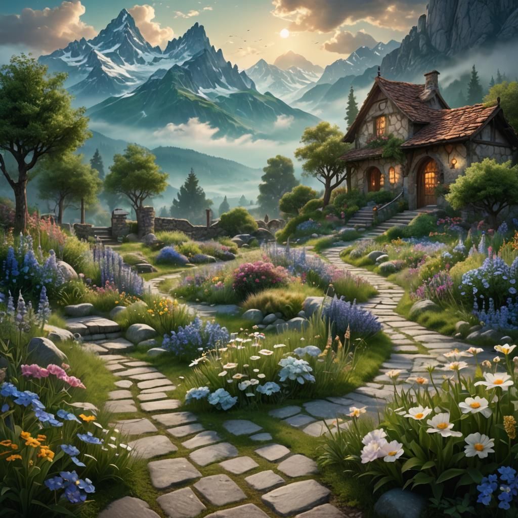 Ethereal Rustic Garden in High-Fantasy Style