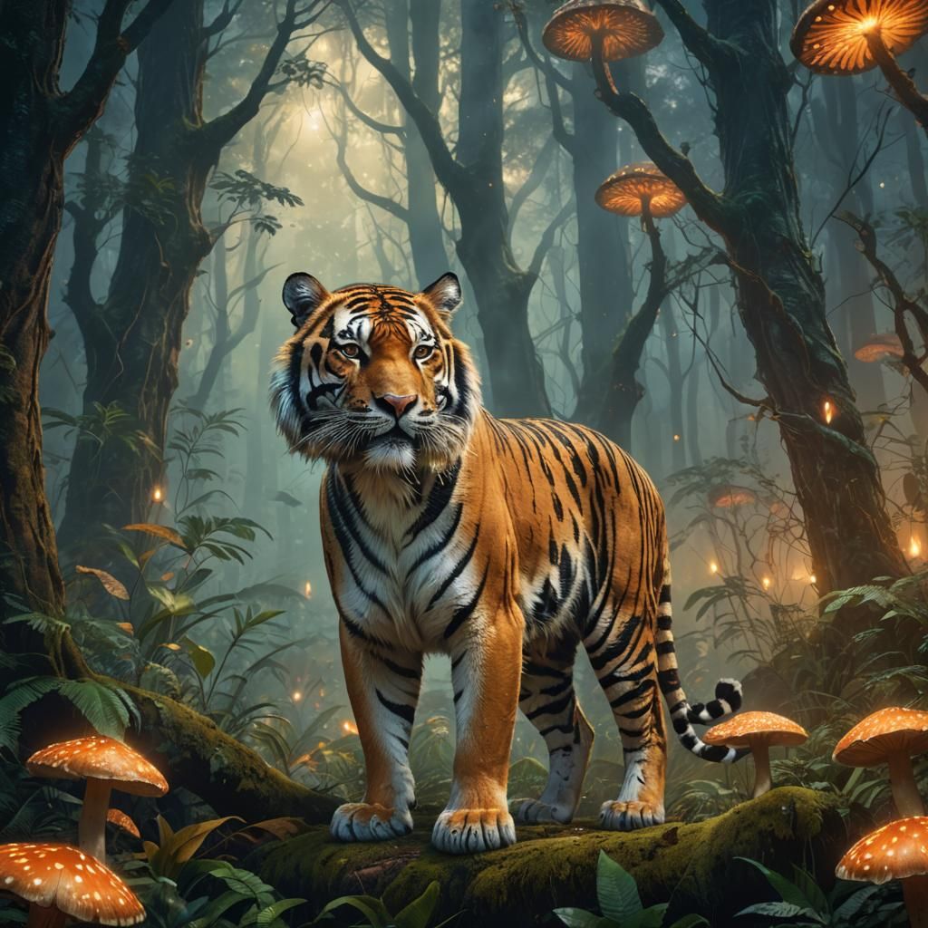 Majestic Tiger in Misty Forest: Digital Matte Painting