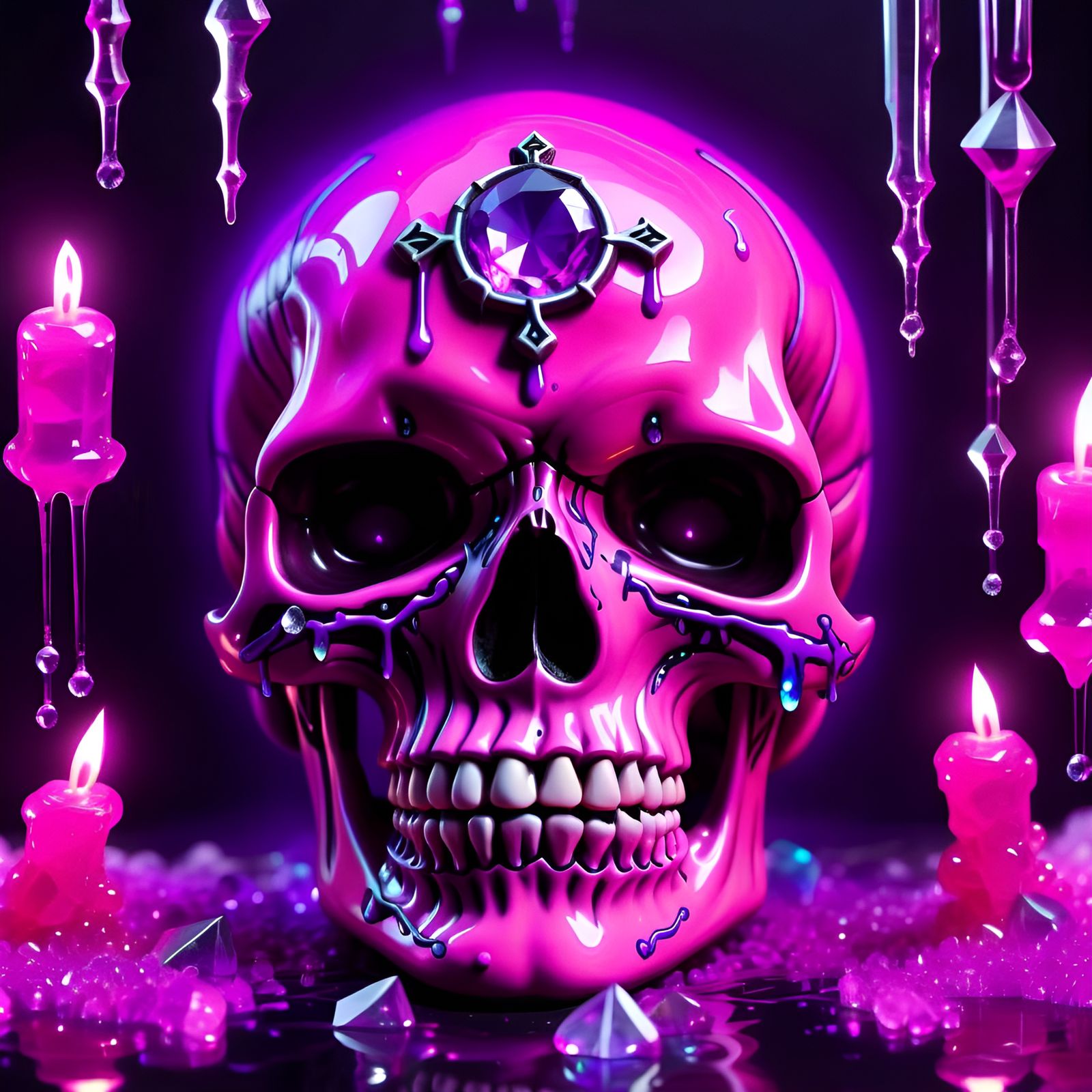 Neon Pink Skull in a Crystal Ruin Glows with Runes