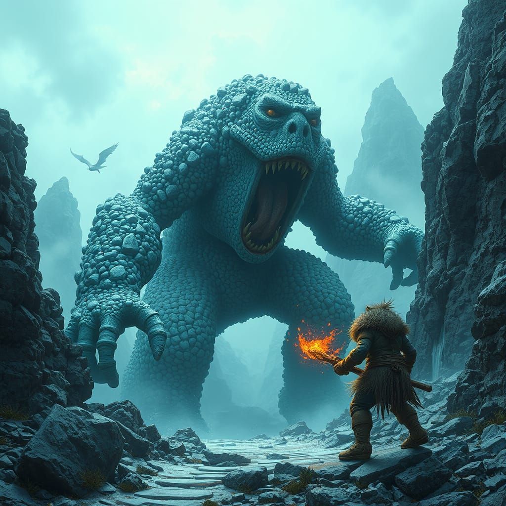 Rock Mosaic Titan Battles Fearsome Troll