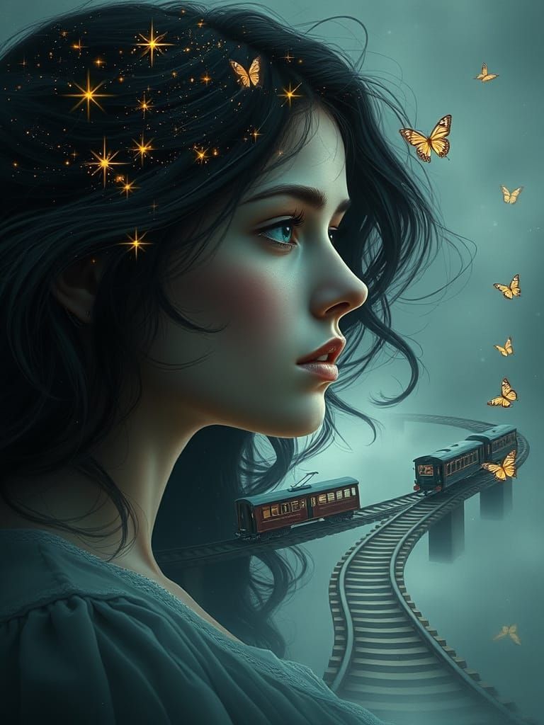 Ethereal Fantasy Portrait of a Young Woman with Glowing Hair...