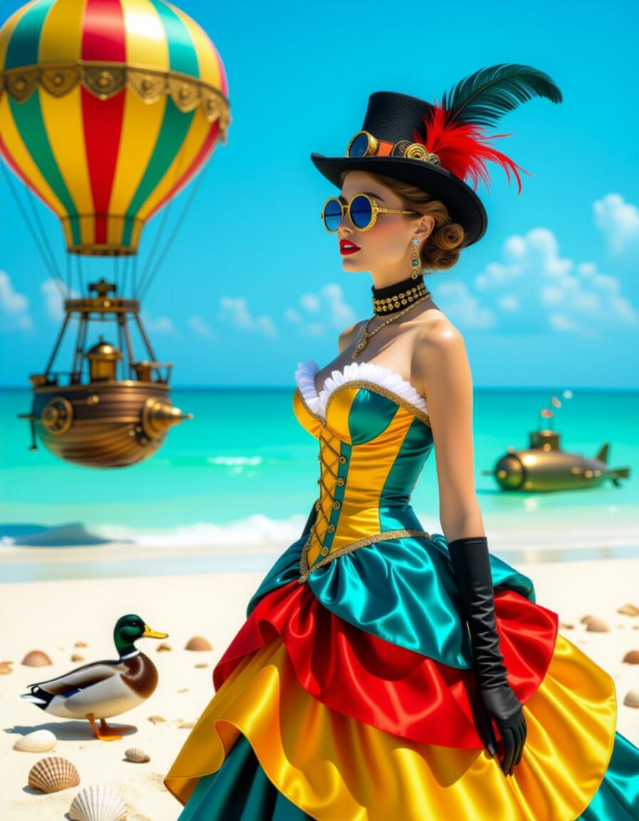 Steampunk Beach Vacation with Kiwi in Silk Dress