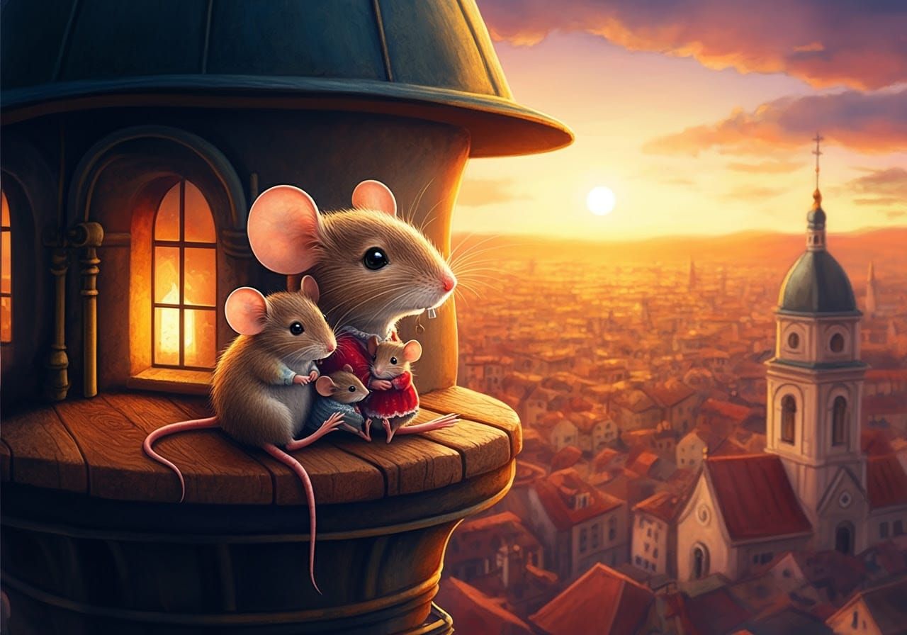 Whimsical Mouse Family Watches Sunset from Cozy Bell Tower H...