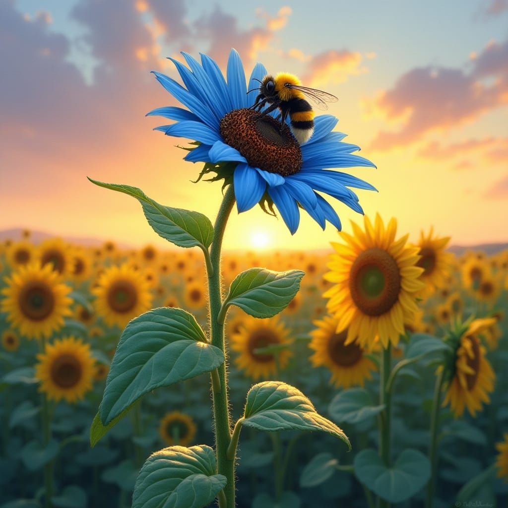 Towering Blue Sunflower Amidst Golden Fields in Vibrant Suns...