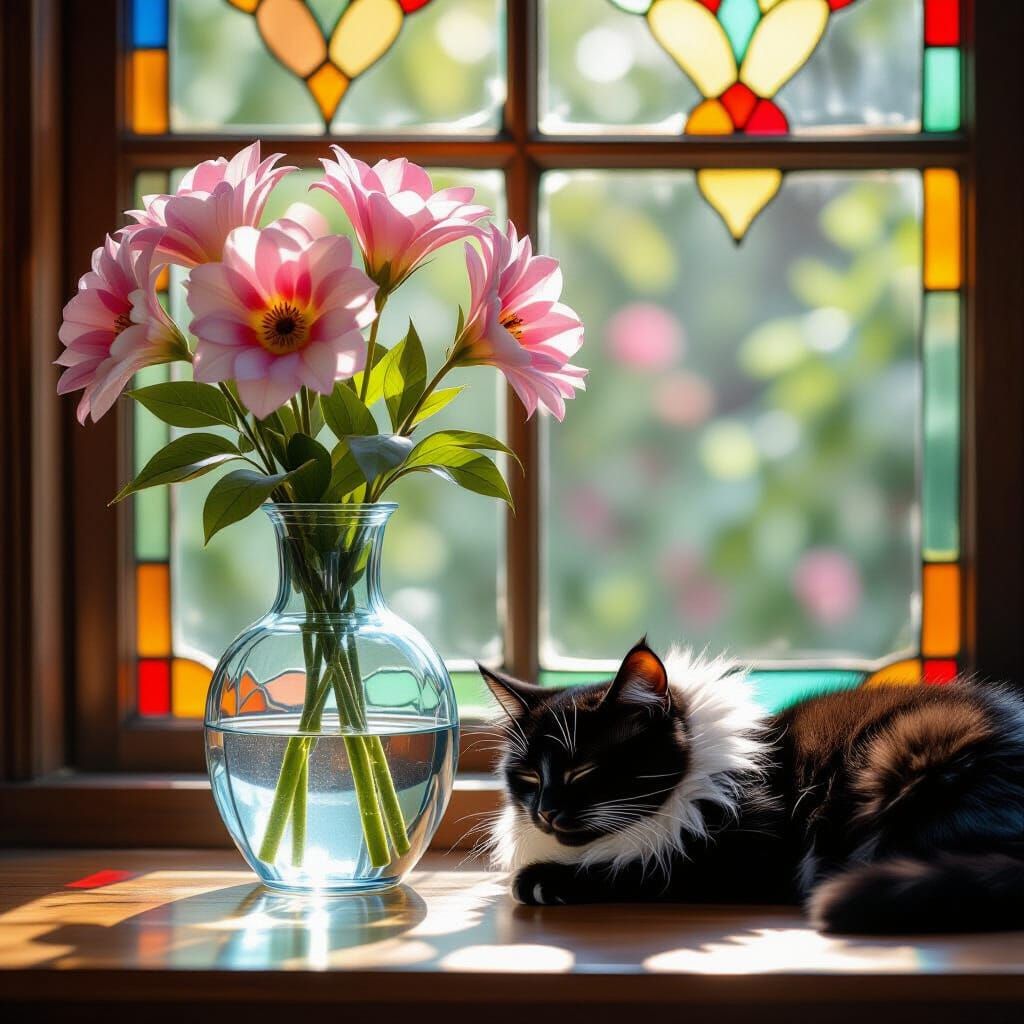 Cat Nap by Stained Glass Window, Photorealistic Style